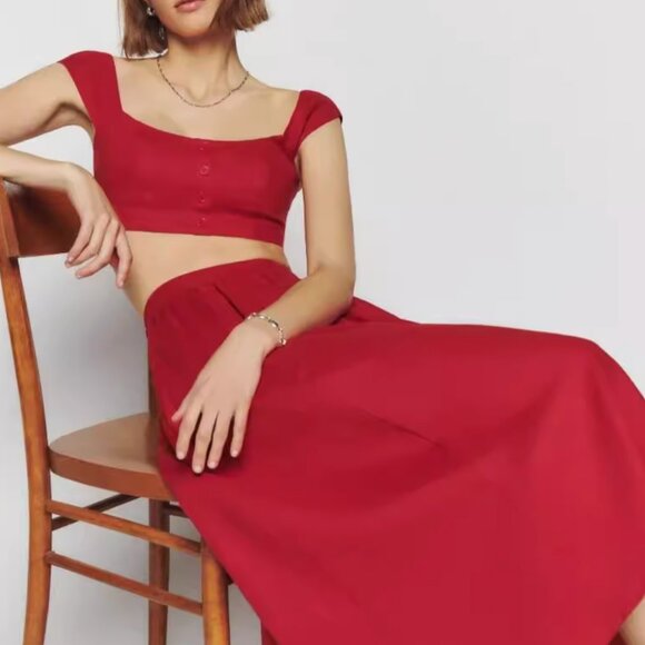 NEW Reformation Teya Linen Two Piece Sz6 Cherry Red Mini Dress Causal Set - Picture 11 of 13
